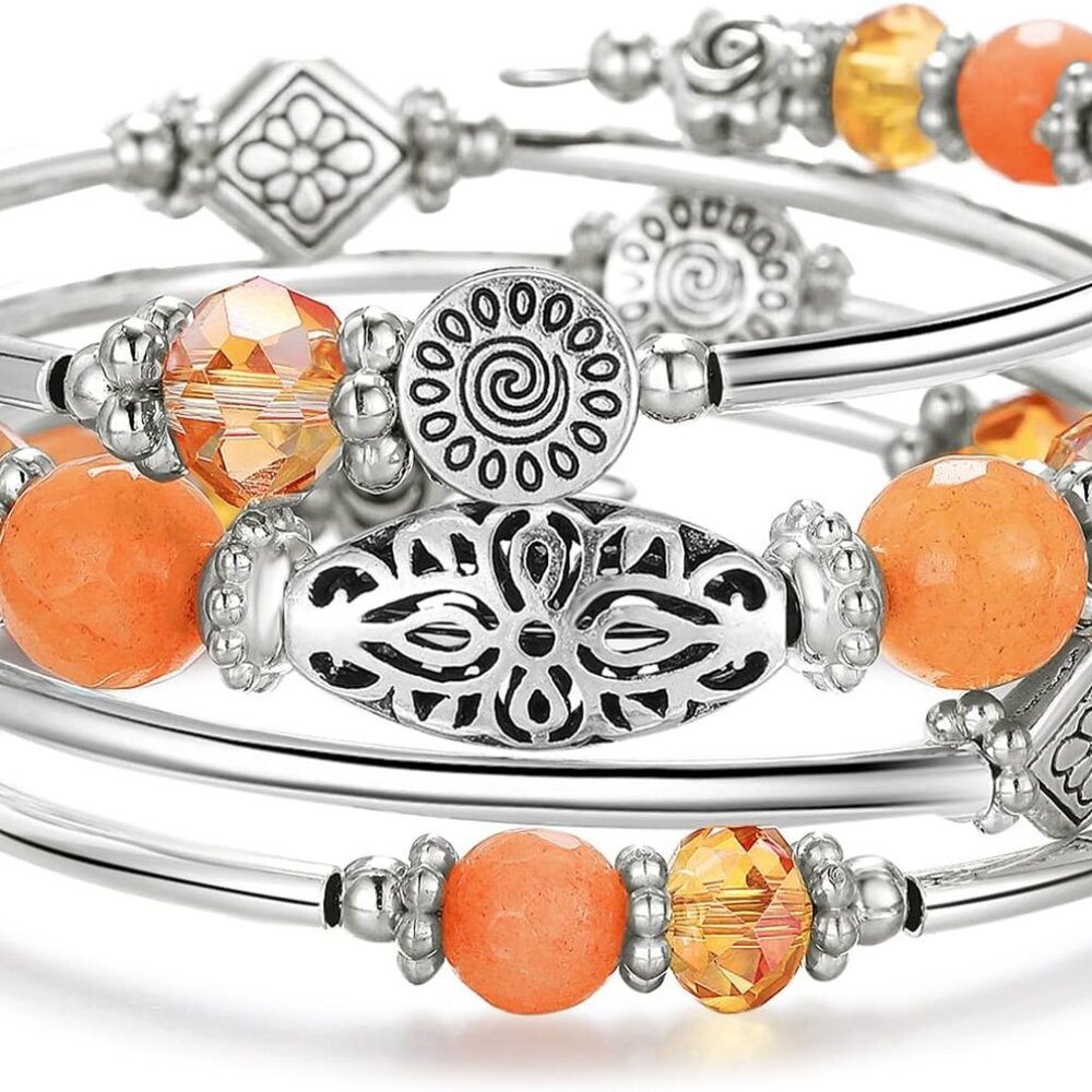 Stackable Beaded Bracelets for Women Boho Wrap Silver Bracelet Layered Fashion J